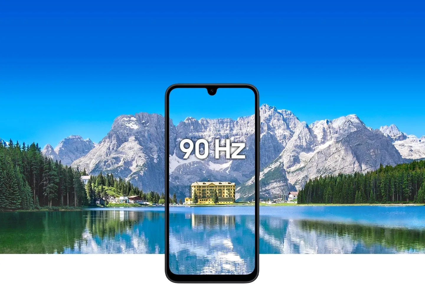 מסך Super AMOLED של 6.7 אינץ' ו-90 הרץ בגלקסי A17 5G על רקע נוף הררי