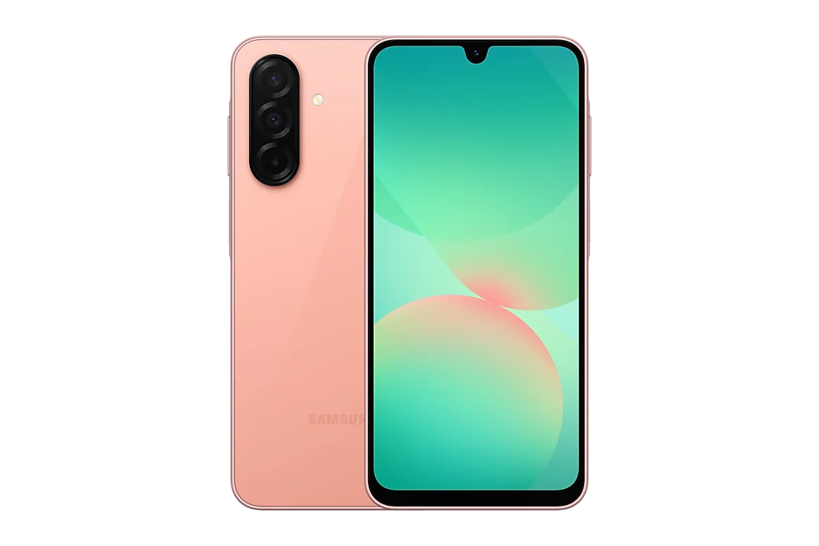 גלקסי A26 5G בצבע ורוד אפרסק, גב זכוכית ומסך AMOLED עם חריץ טיפה