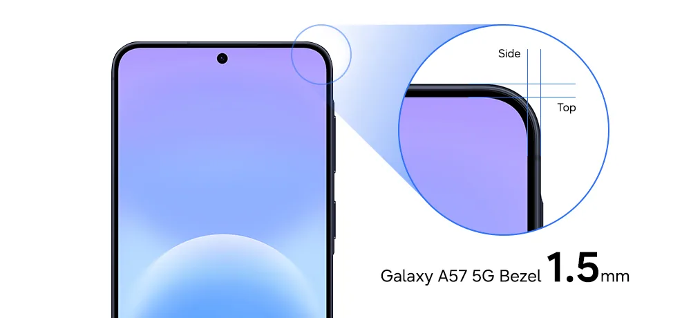 המסגרות הצרות של מסך גלקסי A57 5G, 1.5 מילימטר בצדדים ובחלק העליון