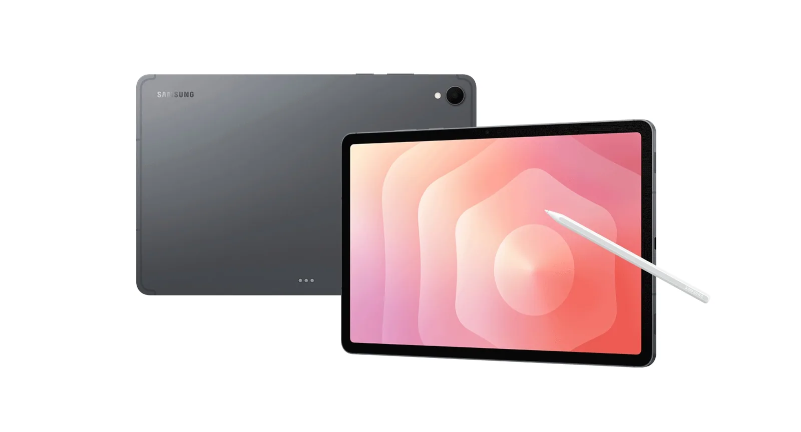 גלקסי Tab S11 של סמסונג בצבע אפור, גב הטאבלט עם מצלמה אחת והמסך בחזית