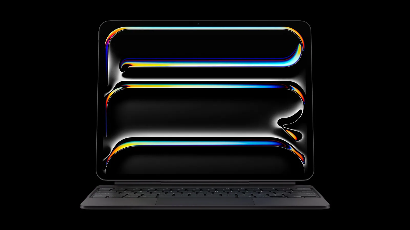 אייפד פרו M5 במבט חזית על מקלדת Magic Keyboard שחורה, עם מסך Tandem OLED