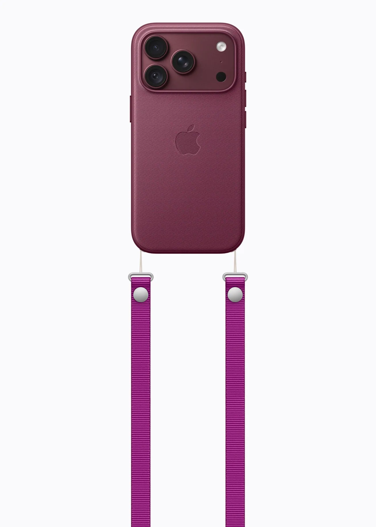 אייפון 18 פרו בבורדו עם רצועת כתף Crossbody תואמת, מבט מאחור על גוף המכשיר