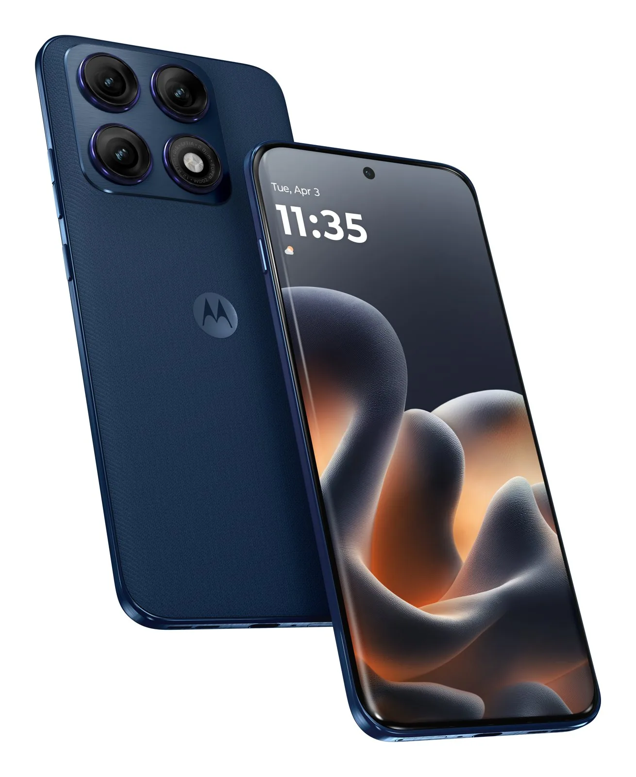 מוטורולה Edge 70 Pro בצבע Titan הכחול, מבט על הגב עם מצלמת הפריסקופ ועל המסך