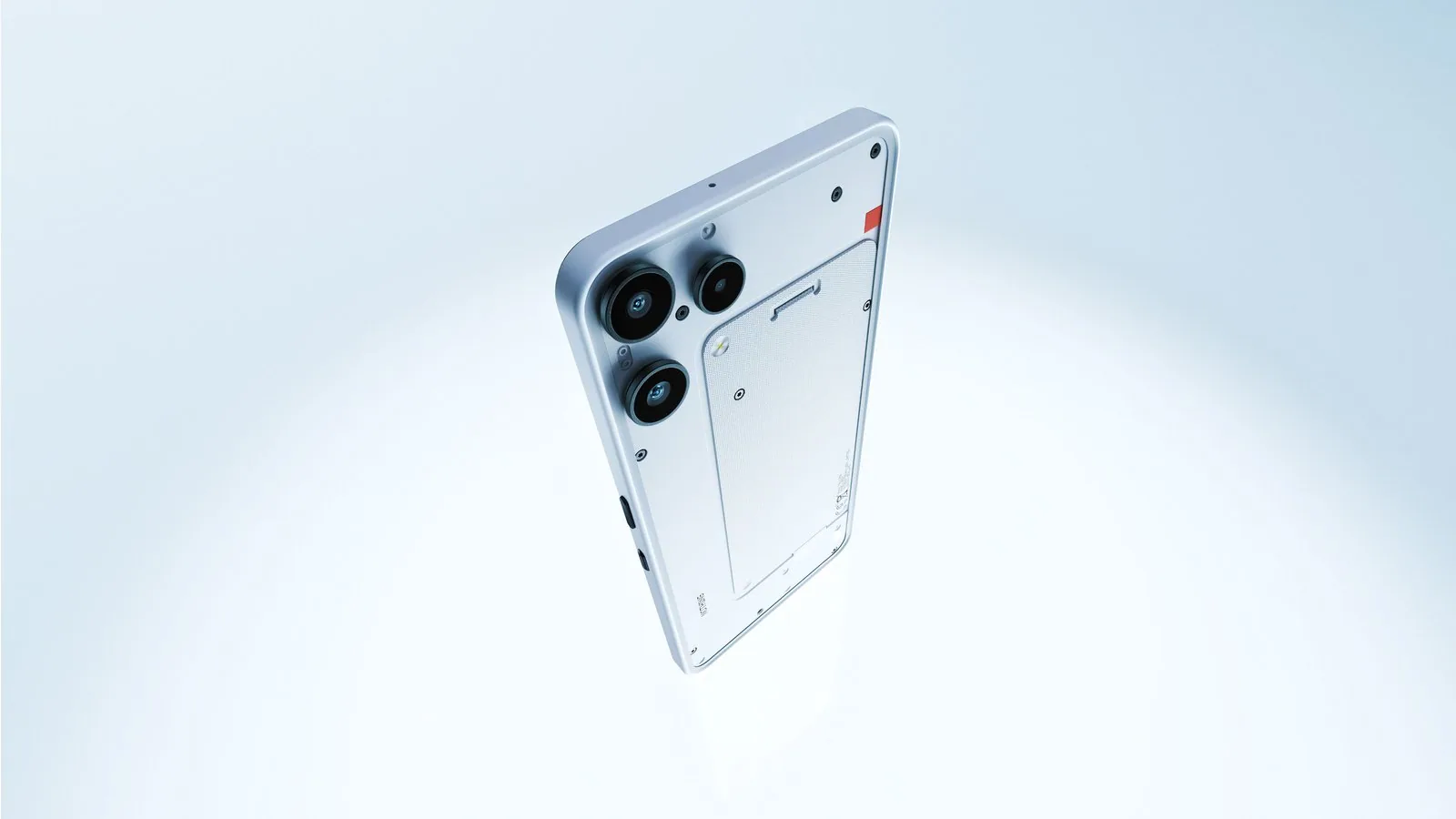 גב שקוף של Nothing Phone (3a) Lite בלבן עם שלוש מצלמות ונורת Glyph