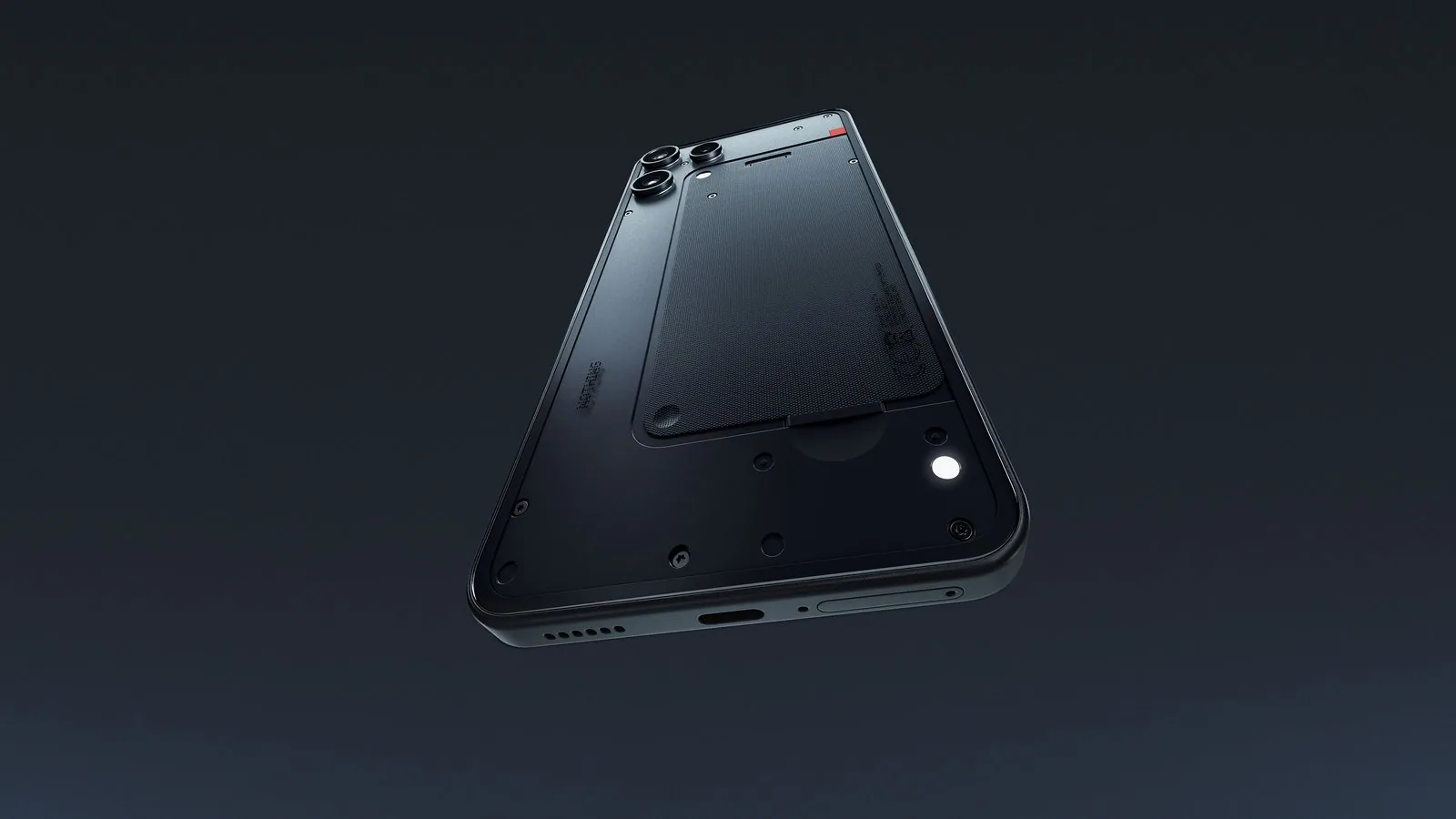 Nothing Phone (3a) Lite בצבע שחור על רקע כהה, מבט על הגב ועל נורת הגליף