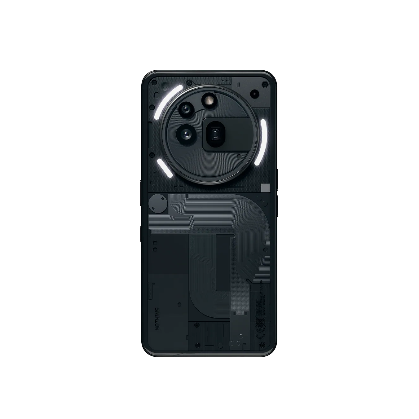 Nothing Phone (3a) Pro בצבע שחור עם אורות Glyph דולקים סביב מודול המצלמה