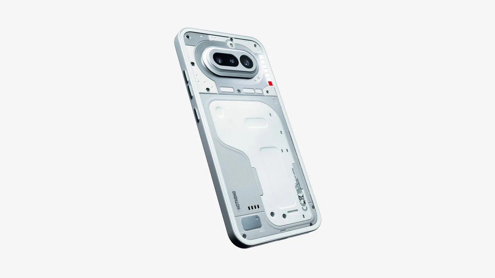 גב שקוף של Nothing Phone (4a) בלבן עם מודול מצלמות אופקי ו-Glyph Bar