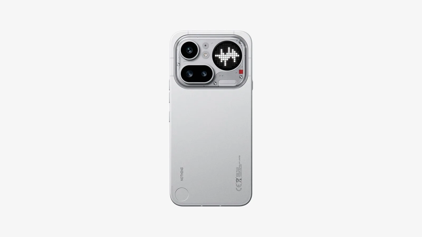 גב אלומיניום של Nothing Phone (4a) Pro בכסוף עם אי מצלמות ו-Glyph Matrix