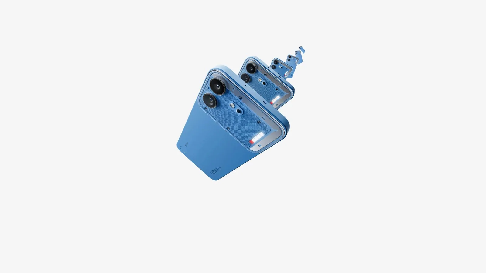 Nothing Phone (4b) בצבע כחול, מבט על הגב ואי המצלמות השקוף