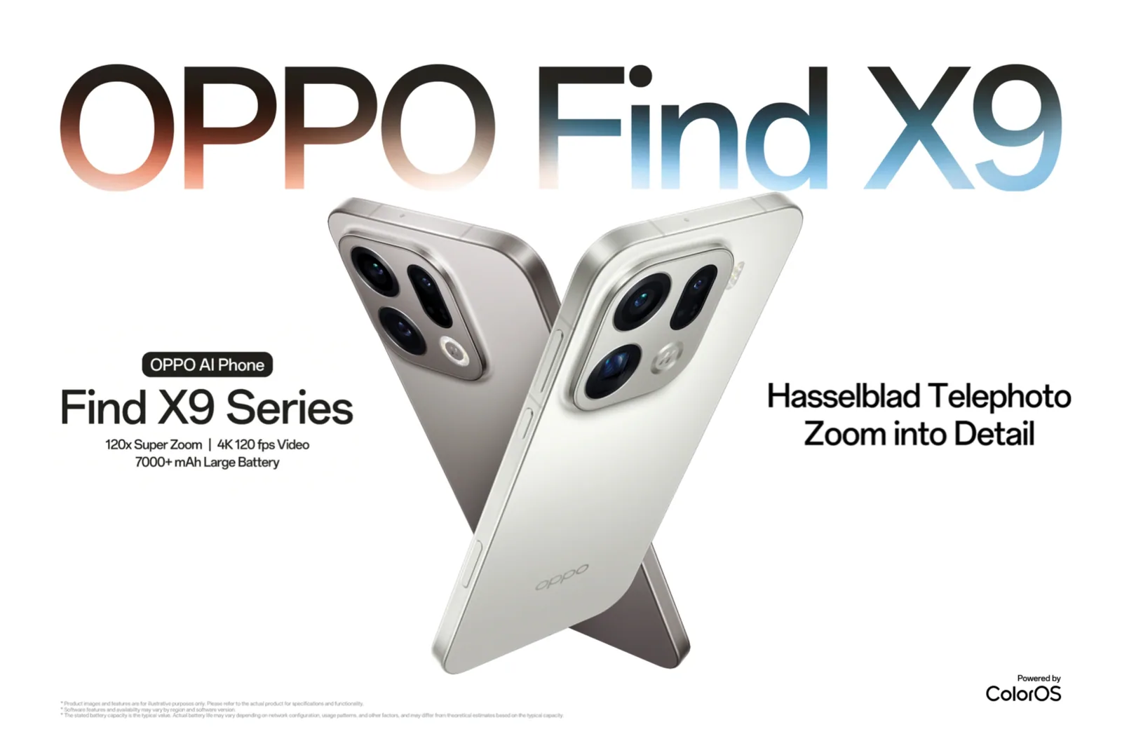 תמונת ההשקה הרשמית של סדרת אופו Find X9 עם שני מכשירים ומצלמת טלפוטו Hasselblad
