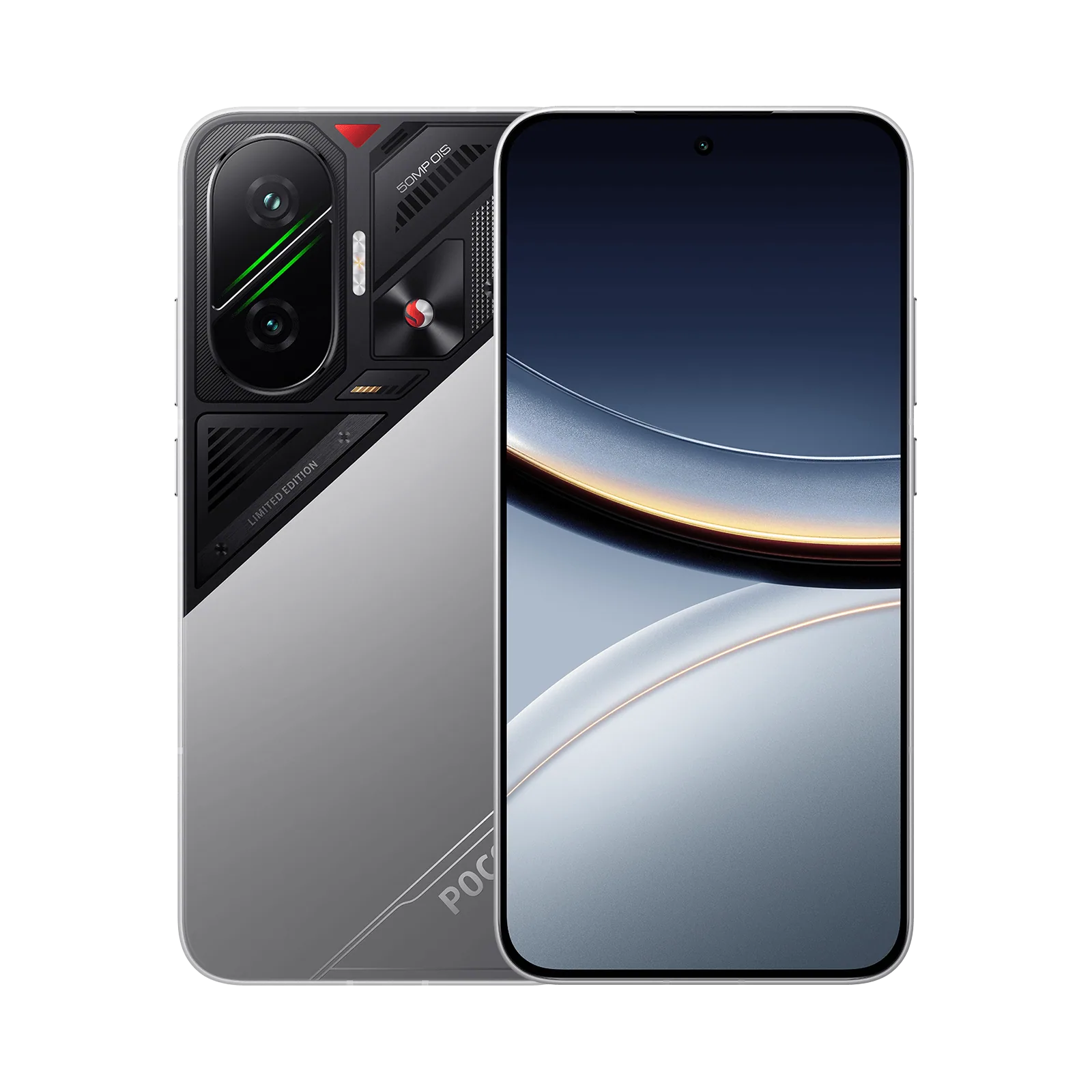 POCO F7 בגרסת Cyber Silver במבט מלפנים ומאחור עם המסך של 6.83 אינץ'
