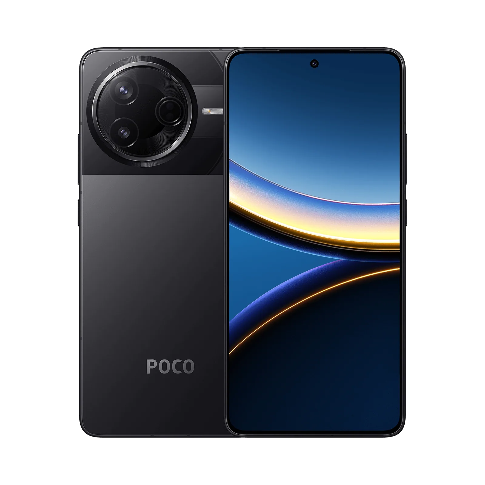 POCO F7 Pro בצבע שחור במבט מלפנים ומאחור עם מודול המצלמות העגול