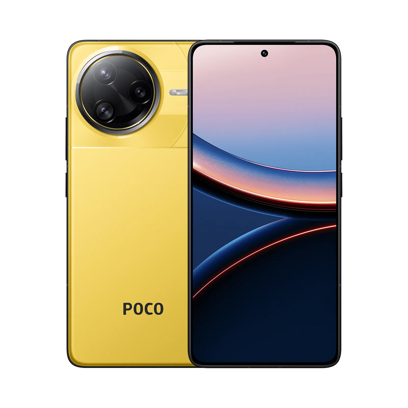 POCO F7 Ultra בצבע צהוב במבט מלפנים ומאחור עם שלוש המצלמות האחוריות