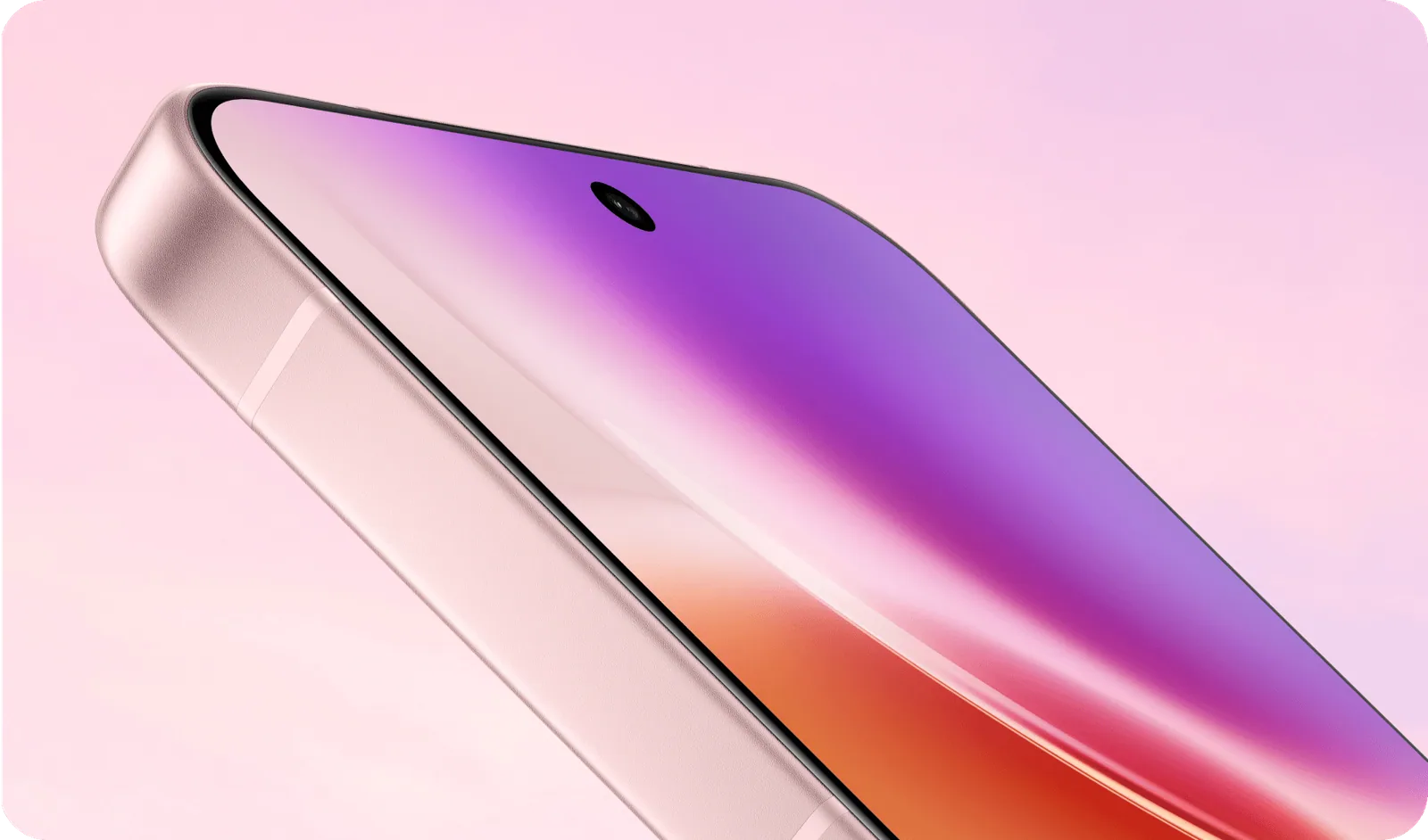 תקריב של מסגרת המתכת והמסך השטוח של vivo X300 בצבע ורוד