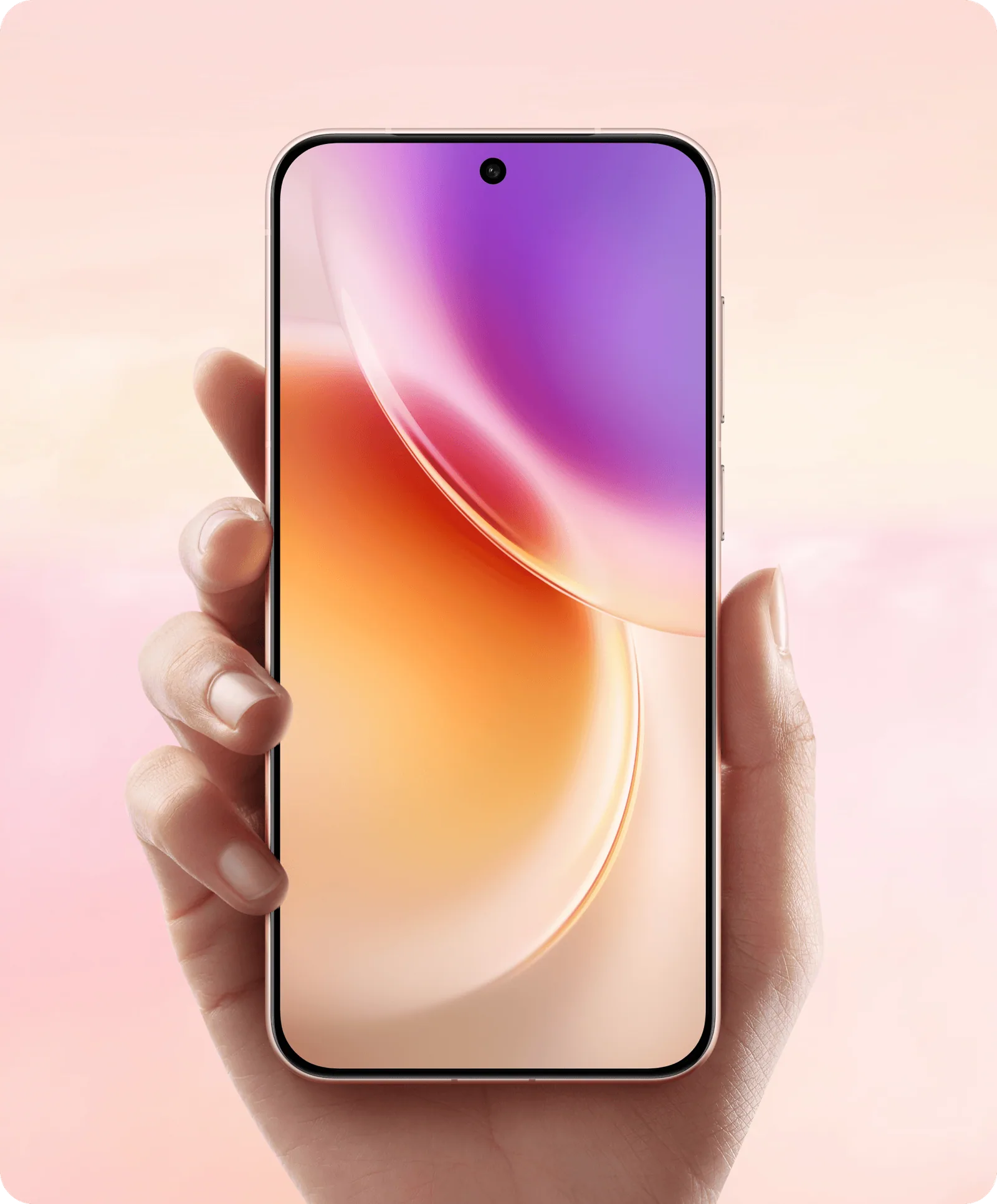 vivo X300 מוחזק ביד אחת, מבט מלפנים על המסך עם שוליים דקים