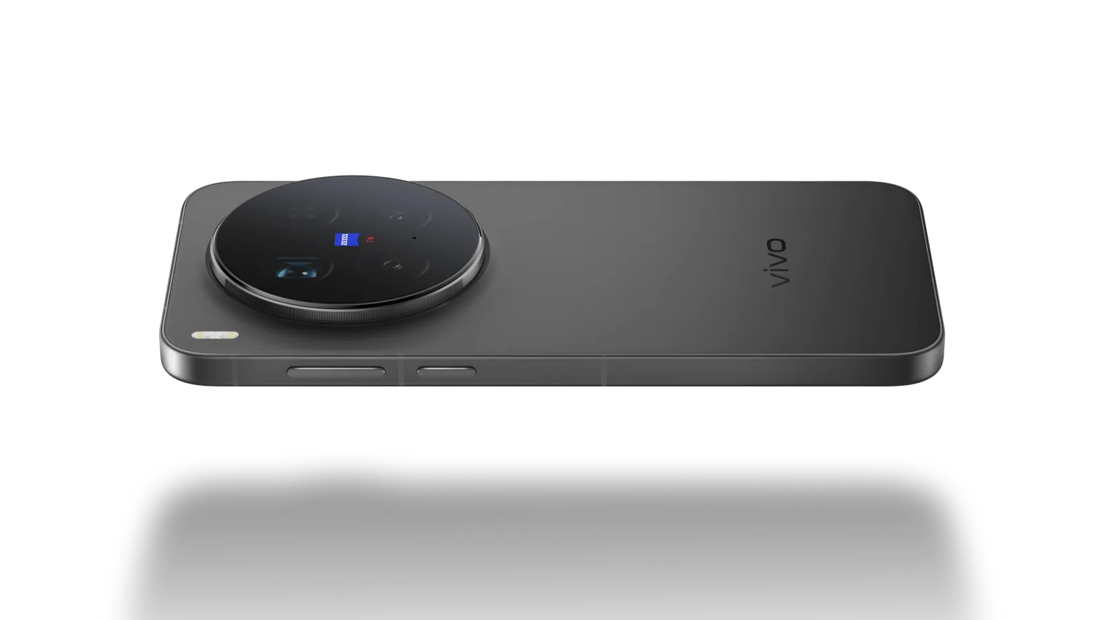 vivo X300 Pro בצבע שחור מונח על הגב, מודול מצלמות ZEISS עגול וגדול