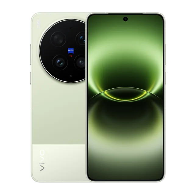 vivo X300 Ultra בצבע ירוק, גב עם אי מצלמה עגול גדול ומסך קדמי