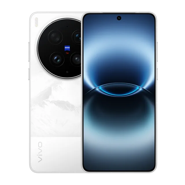 vivo X300 Ultra בצבע לבן, מבט מלפנים ומאחור על מערך המצלמות