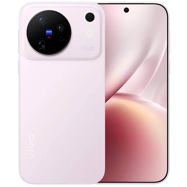 vivo X500 בגוון ורוד, גב הטלפון עם שלוש מצלמות ZEISS ומסך קדמי