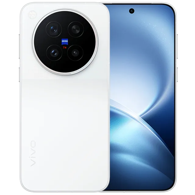 vivo X500 Pro בצבע לבן, מבט על הגב ועל המסך הקדמי של הטלפון הקומפקטי