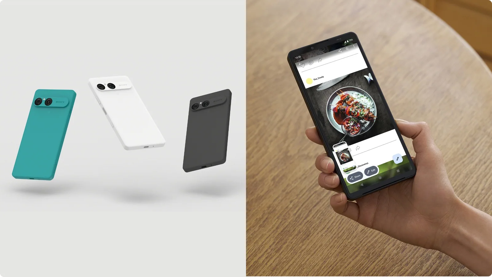 סוני אקספריה 10 VII בשלושה צבעים לצד המכשיר מוחזק ביד עם המסך דולק
